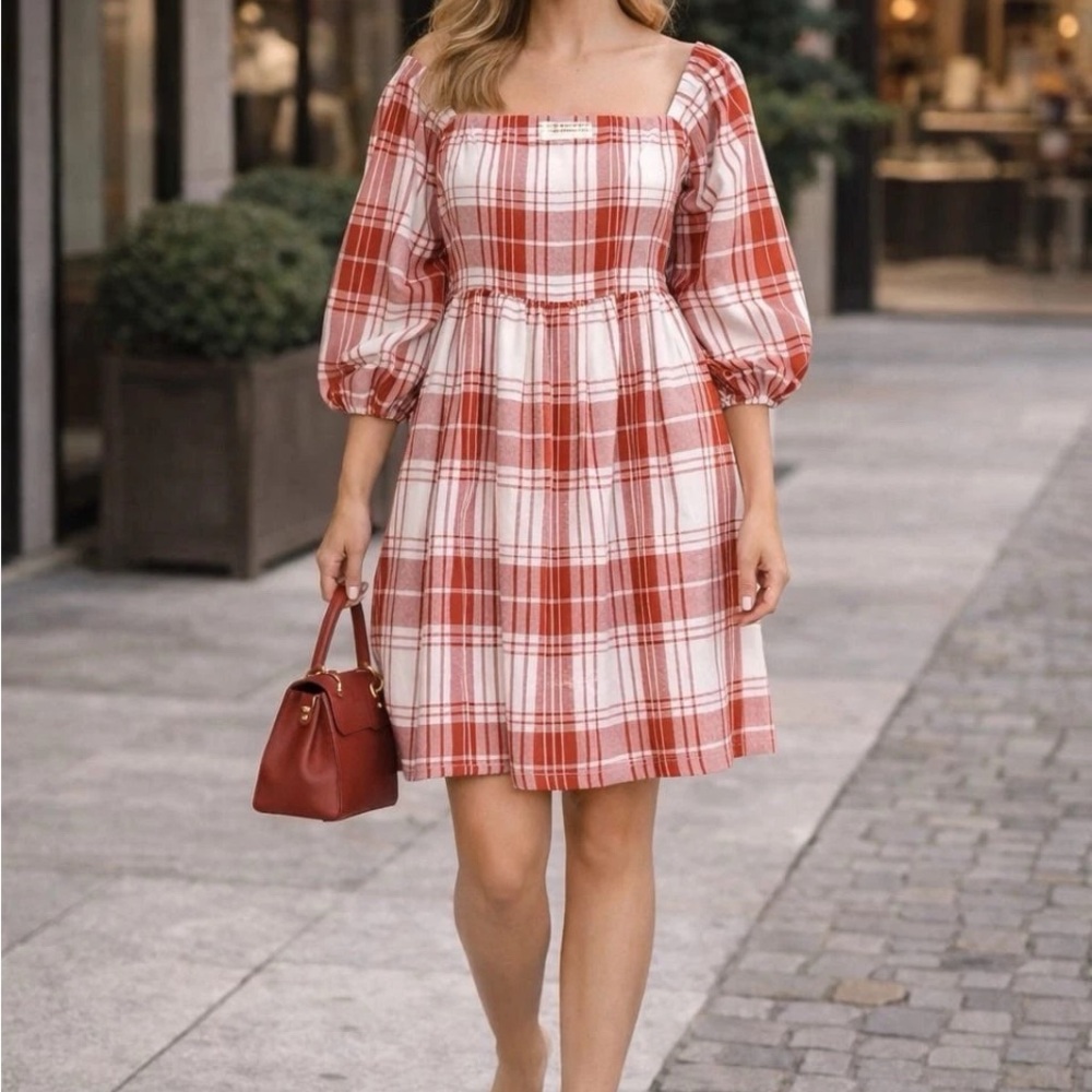 🆕Monteau Casual Baby Doll Plaid Dress W 1/2. Puff Sleeves Cream/Rust Brown Small - Picture 1 of 5